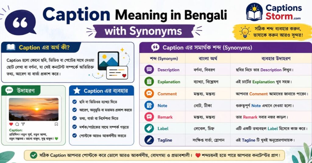 Caption Meaning in Bengali with Synonyms